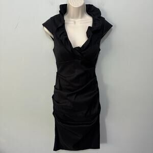 Xscape Dress Womens 6 Black Ruffle Bodycon Midi Cocktail Pinup Coquette Glam